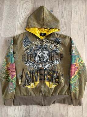 Y2K Christian Audigier Hip Hop University Rhinestone Skull Zip Hoodie
